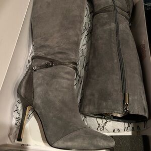 White House Black Market Alexina Grey Suede Boots with Buckle Detail
